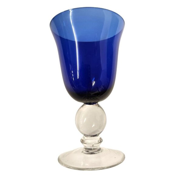 Cobalt Blue Glass Goblet With Clear Ball Stem Blue Fluted Wine Goblet - Picture 1 of 6